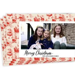 Vintage Santa Red Toile Flat Christmas Photo Card
