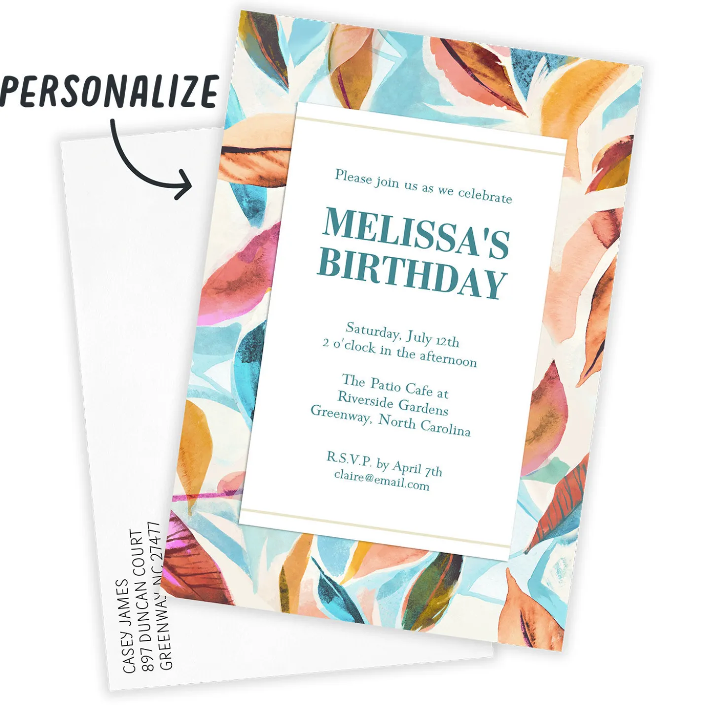Watercolor Leaves Flat Birthday Invitation