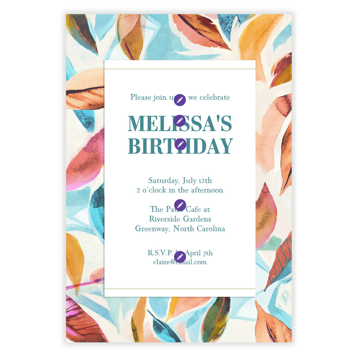 Watercolor Leaves Flat Birthday Invitation