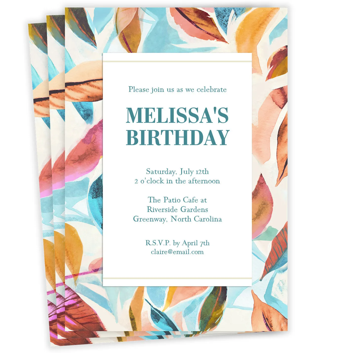 Watercolor Leaves Flat Birthday Invitation