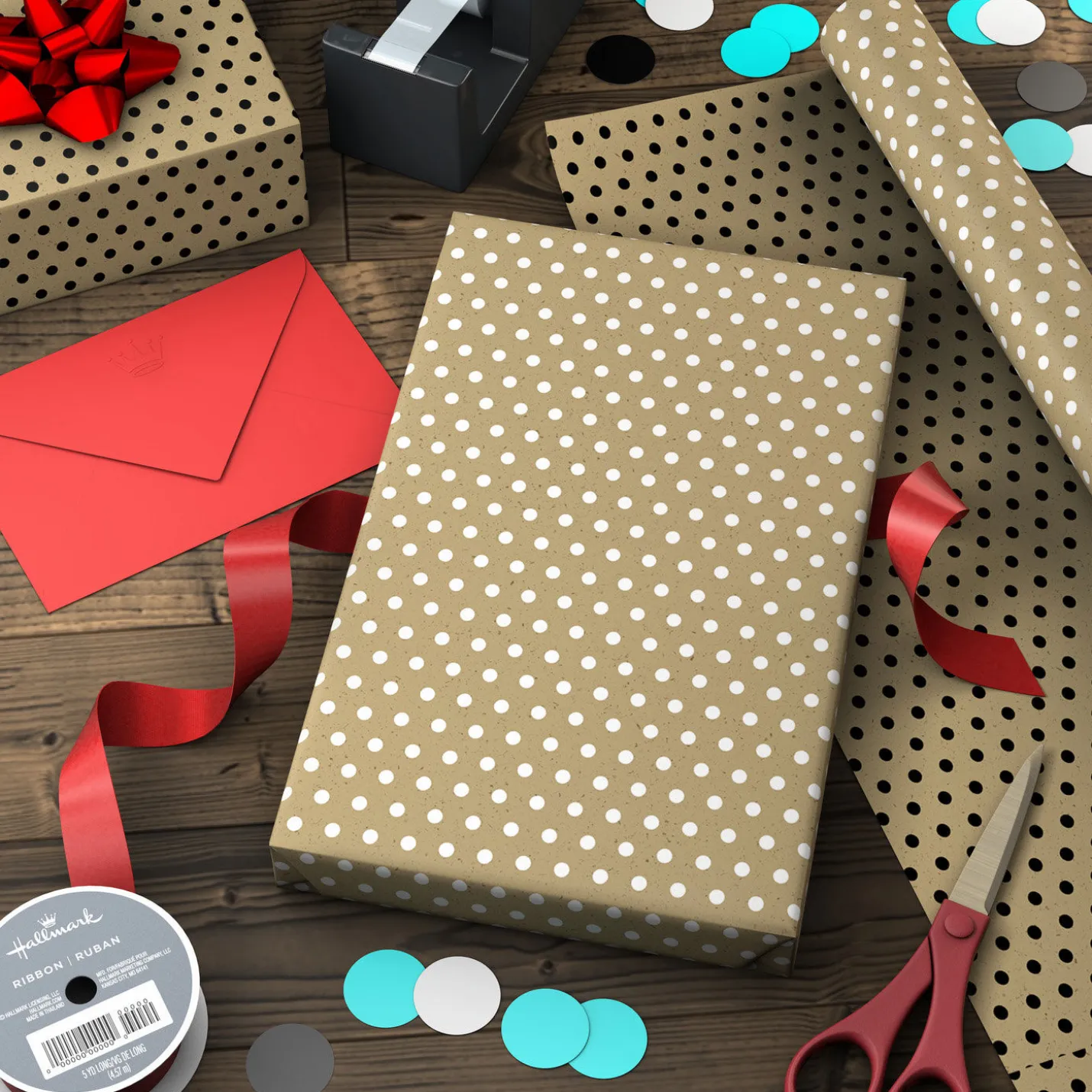 White and Black Dots on Kraft Reversible Wrapping Paper Roll, 17.5 sq. ft.