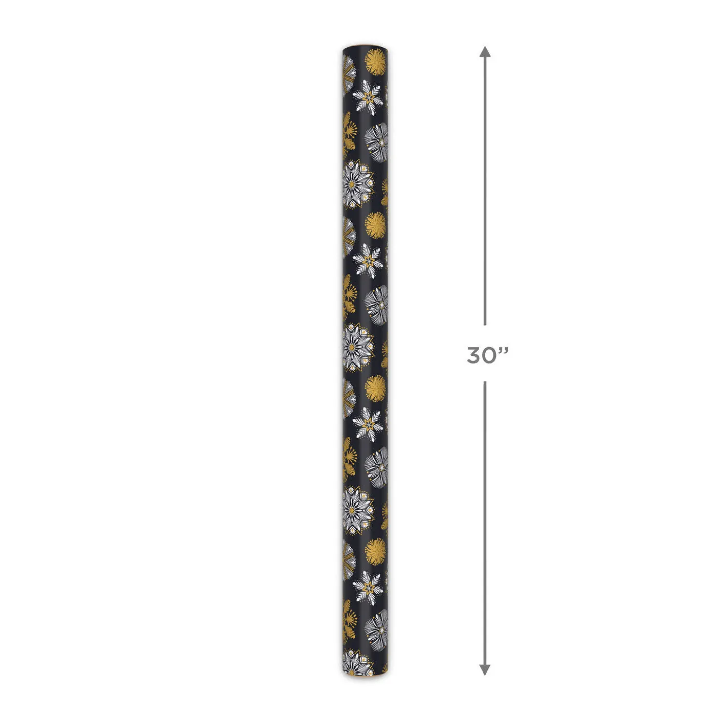 White and Gold Snowflakes on Black Holiday Wrapping Paper Roll, 35 sq. ft.