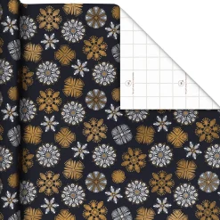White and Gold Snowflakes on Black Holiday Wrapping Paper Roll, 35 sq. ft.