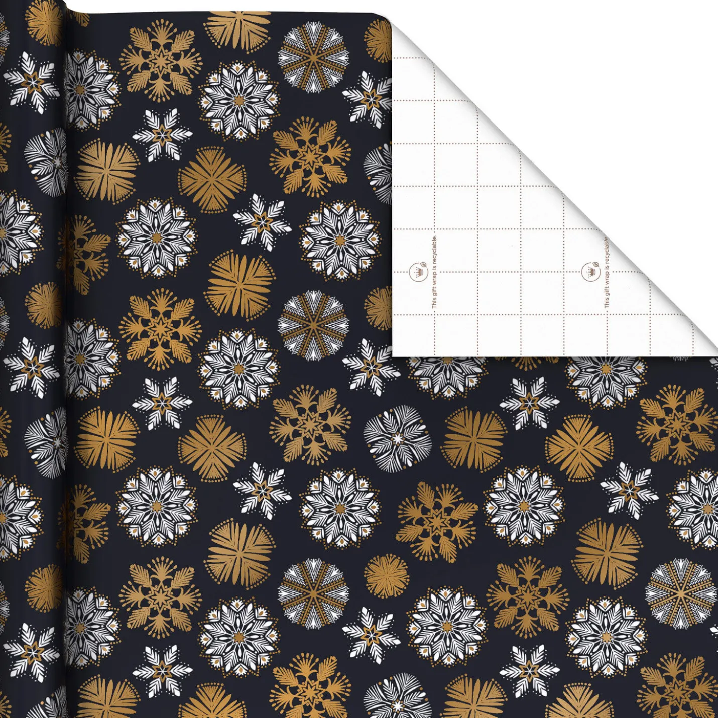 White and Gold Snowflakes on Black Holiday Wrapping Paper Roll, 35 sq. ft.