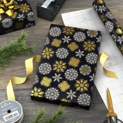 White and Gold Snowflakes on Black Holiday Wrapping Paper Roll, 35 sq. ft.