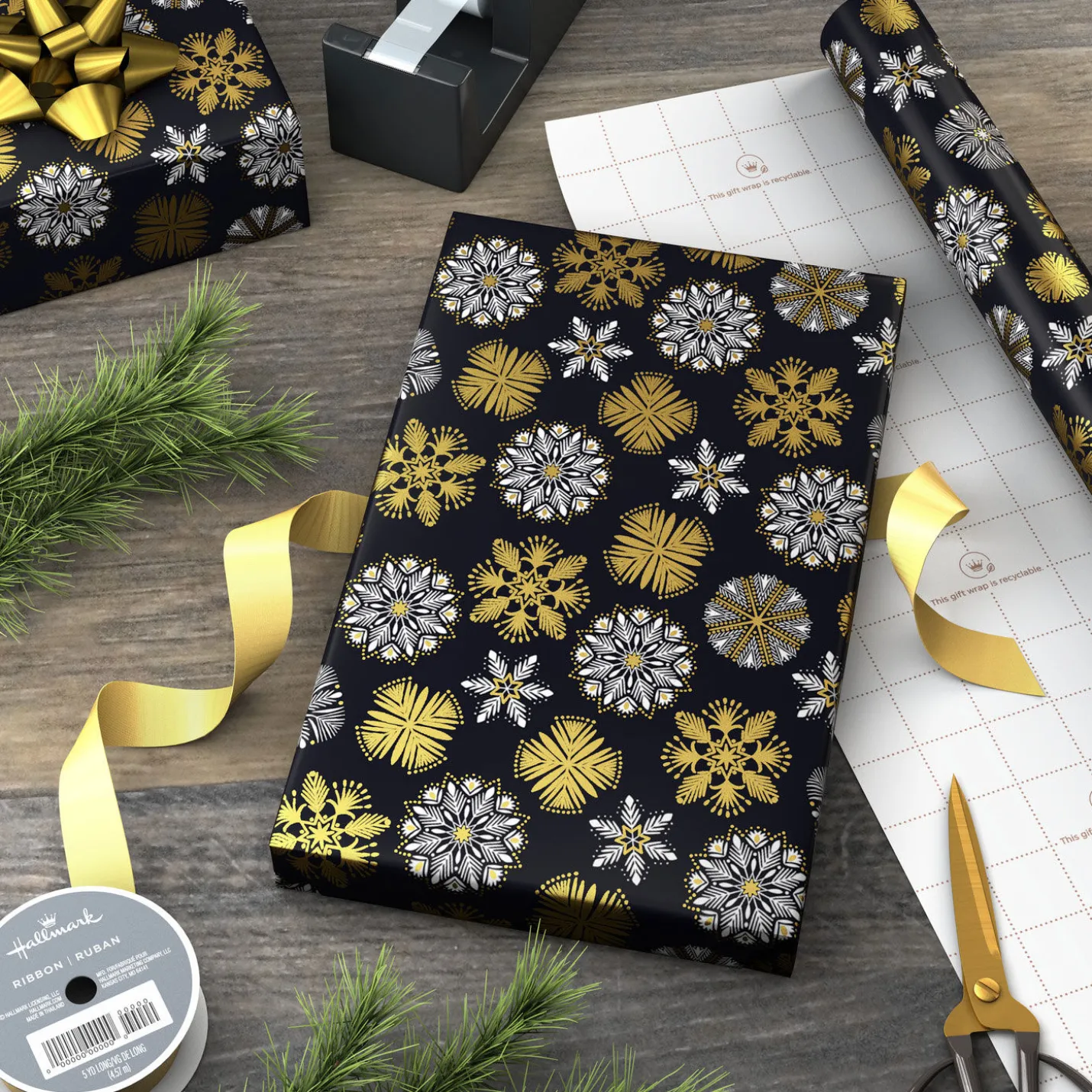 White and Gold Snowflakes on Black Holiday Wrapping Paper Roll, 35 sq. ft.