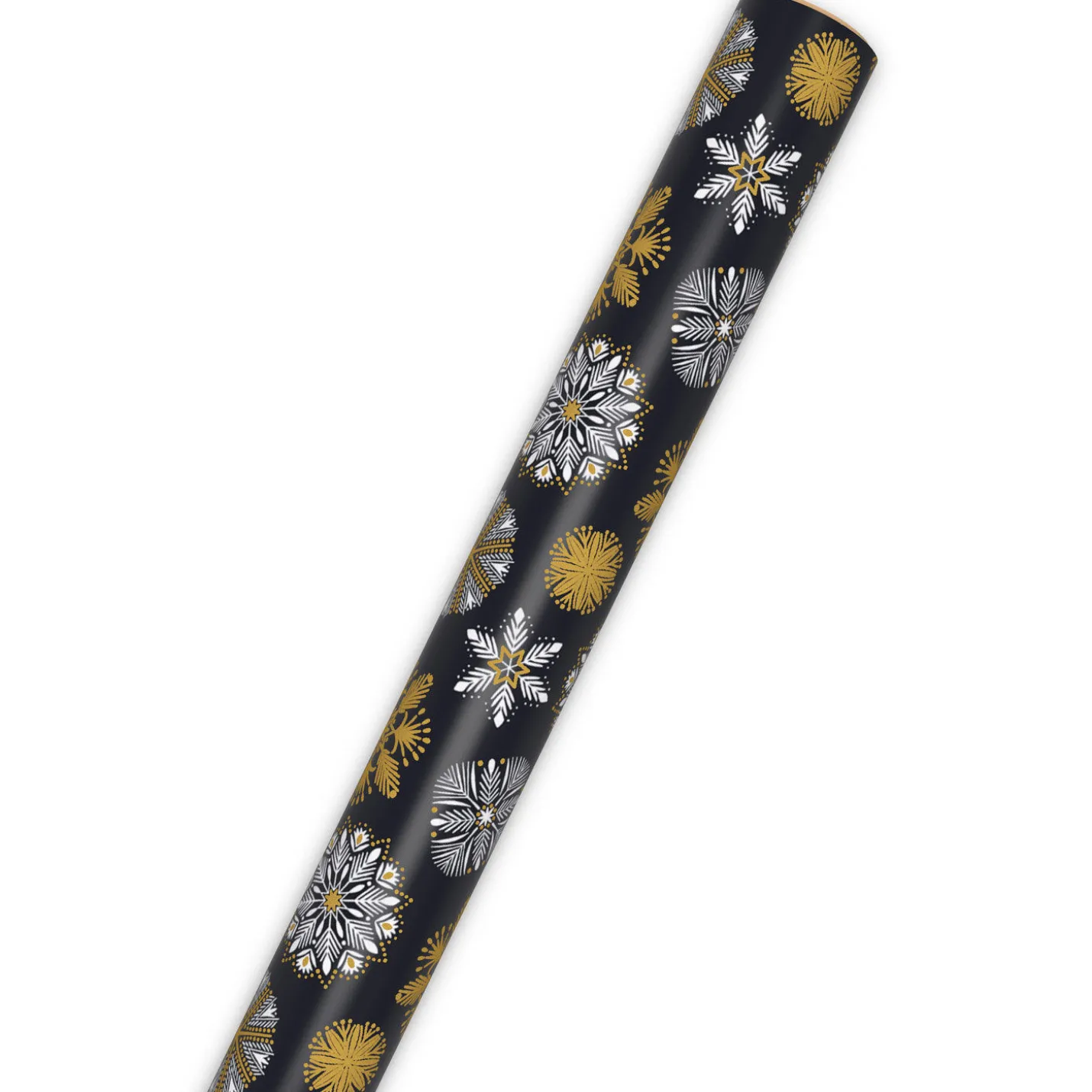 White and Gold Snowflakes on Black Holiday Wrapping Paper Roll, 35 sq. ft.