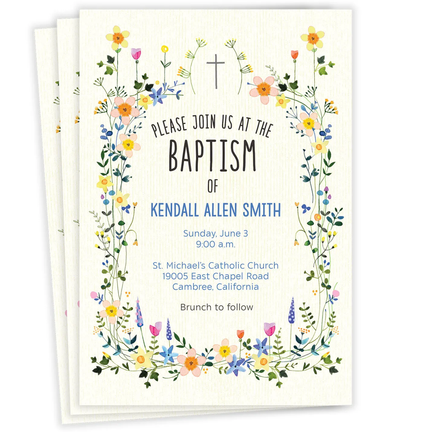 Wildflowers and Cross Flat Baptism Invitation
