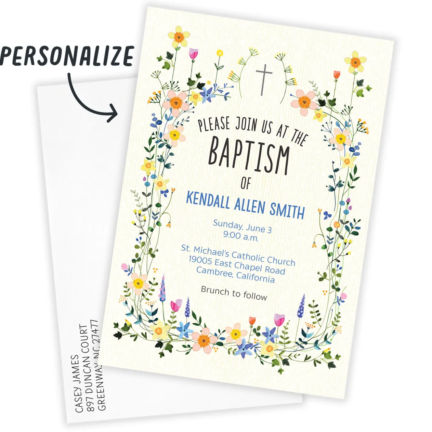 Wildflowers and Cross Flat Baptism Invitation