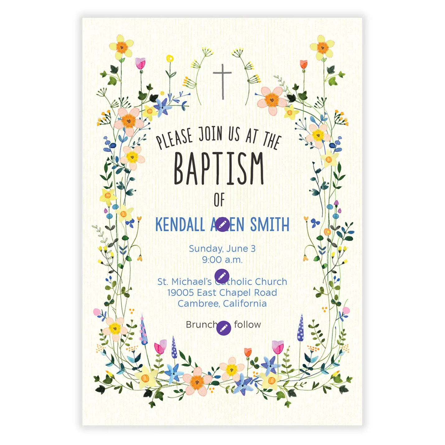 Wildflowers and Cross Flat Baptism Invitation