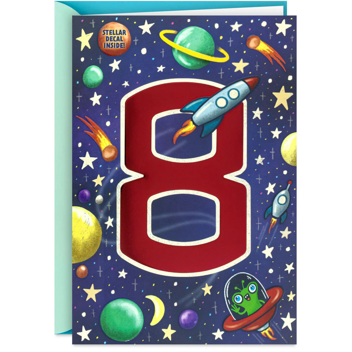 You're a Stellar Kid 8th Birthday Card With Alien Decal
