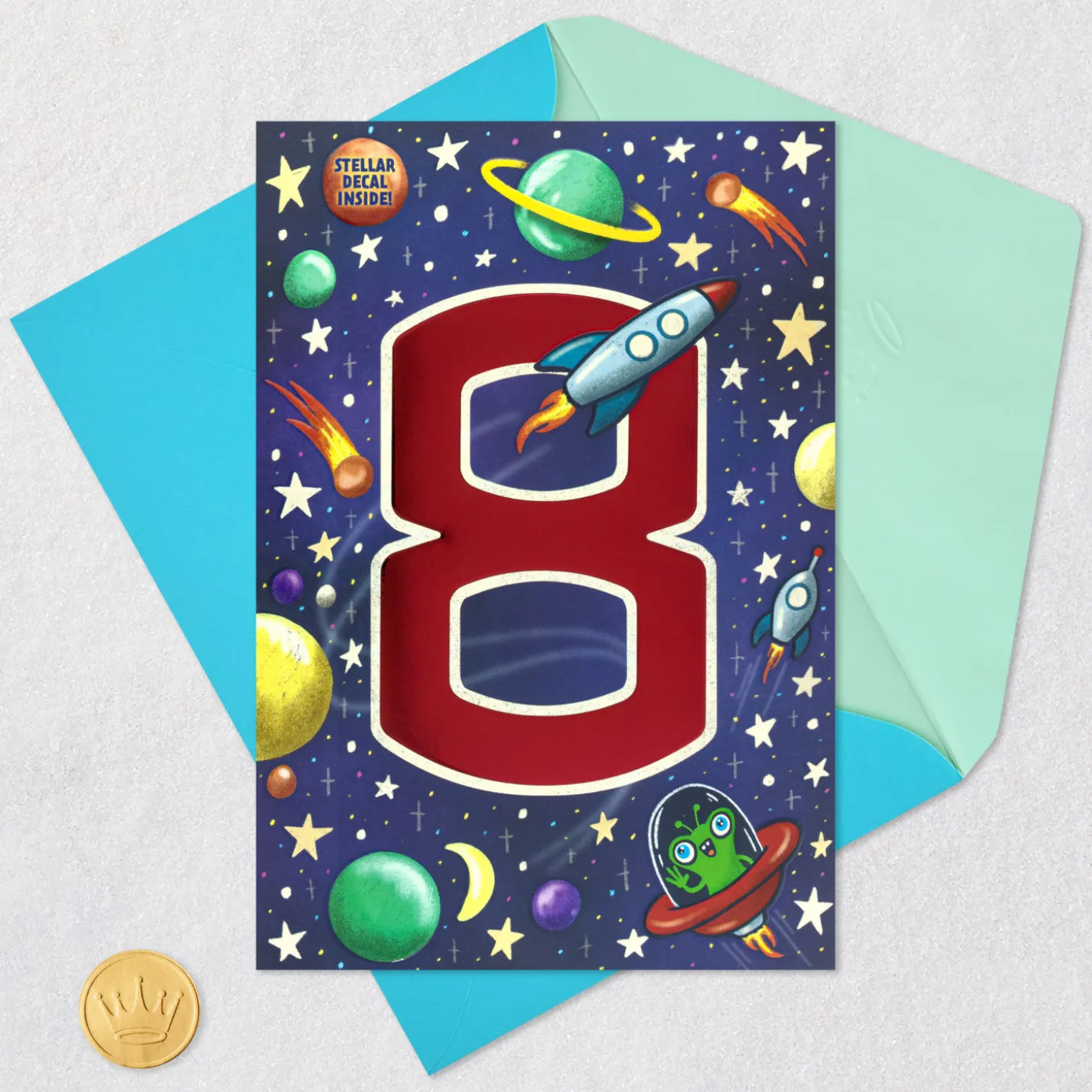 You're a Stellar Kid 8th Birthday Card With Alien Decal