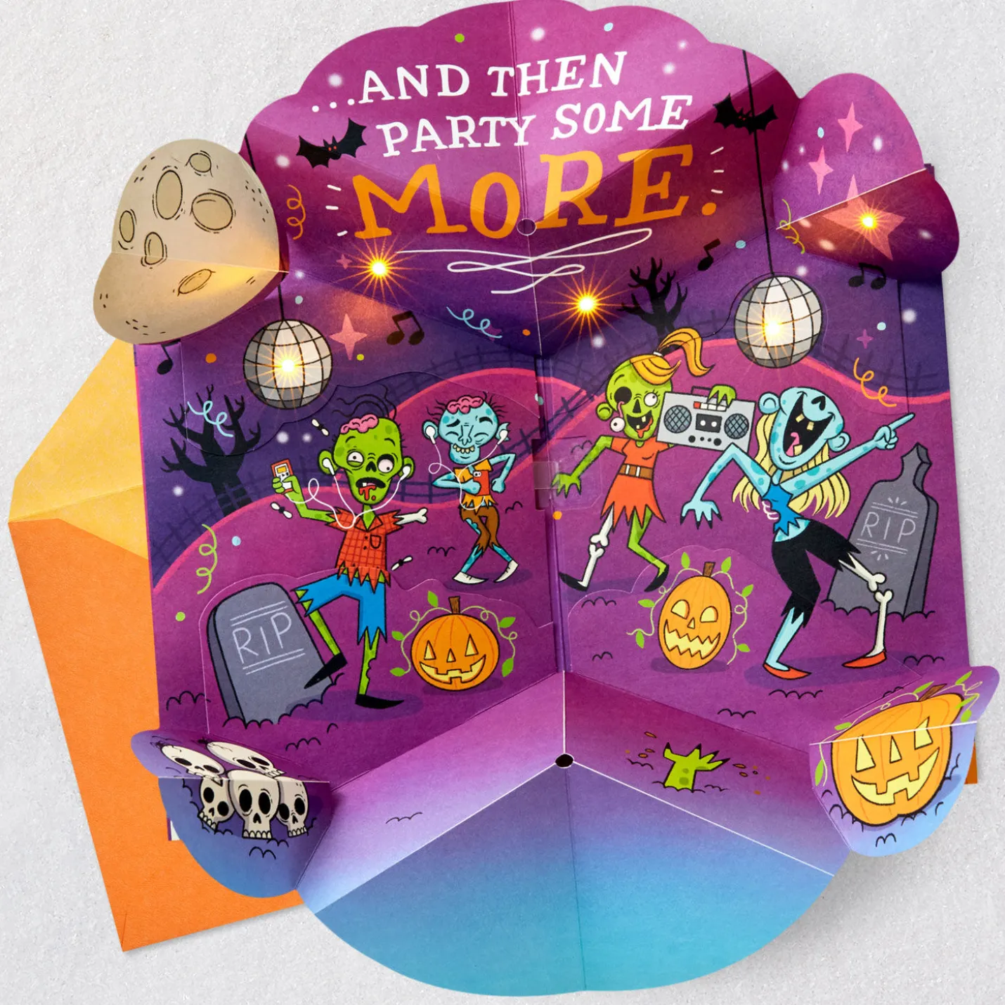 Zombie Dance Party Funny Musical Pop-Up Halloween Card With Light